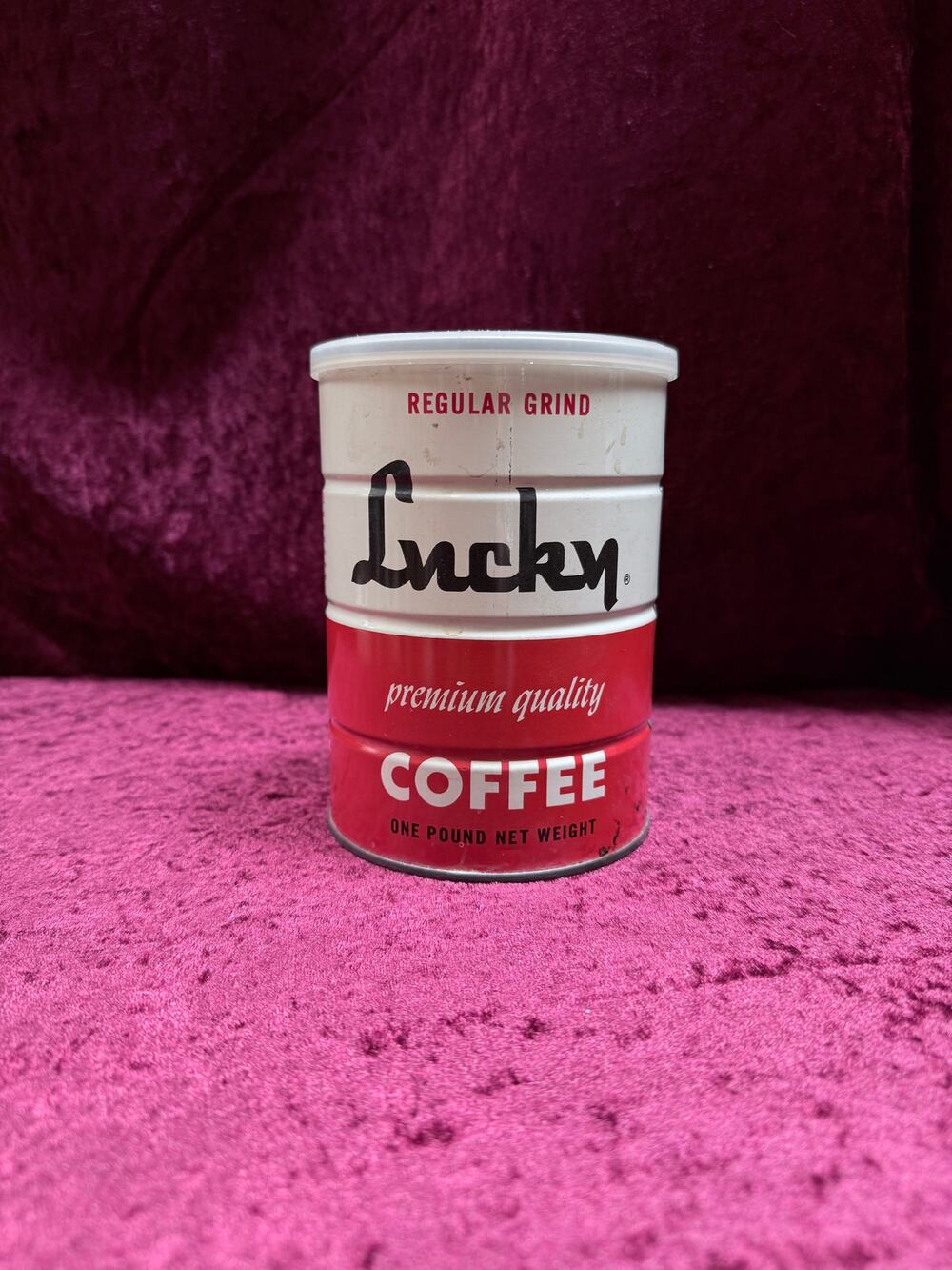 Vintage Lucky Metal Coffee Can San Leandro California Regular Grind 1 Pound Tin
